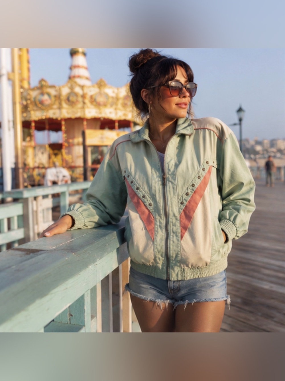 Teddi Mint Green and Pink Colorblock Bomber Jacket